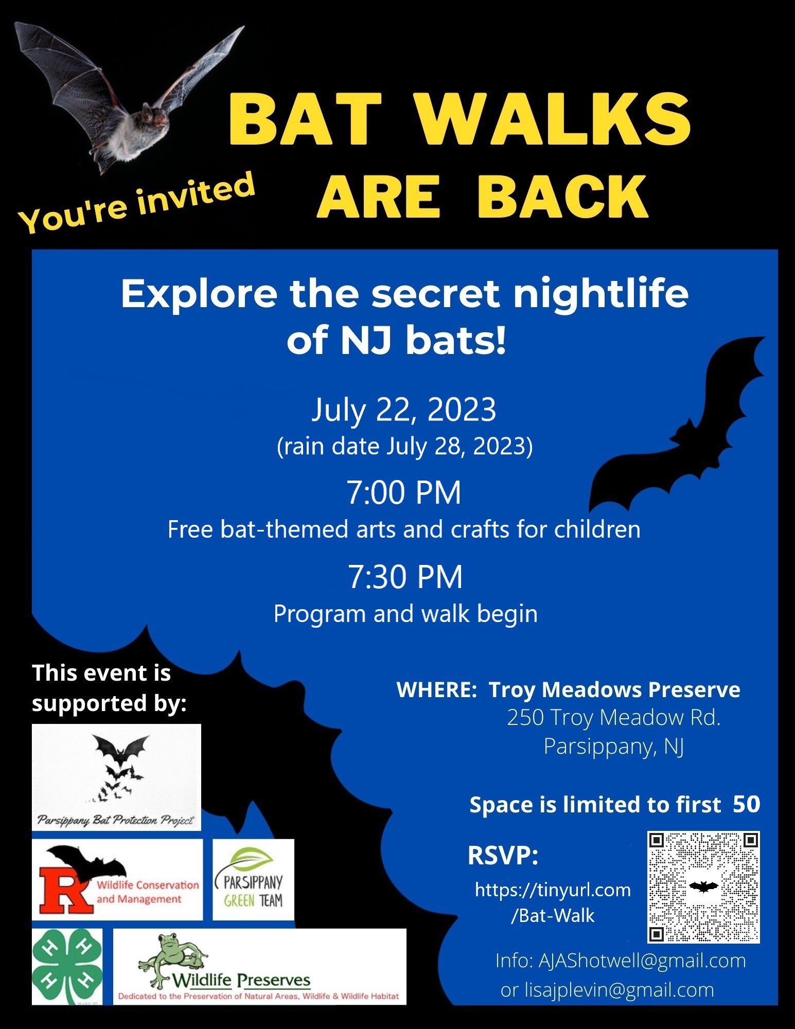 Bat Walk July 22, 2023 Wildlife Preserves